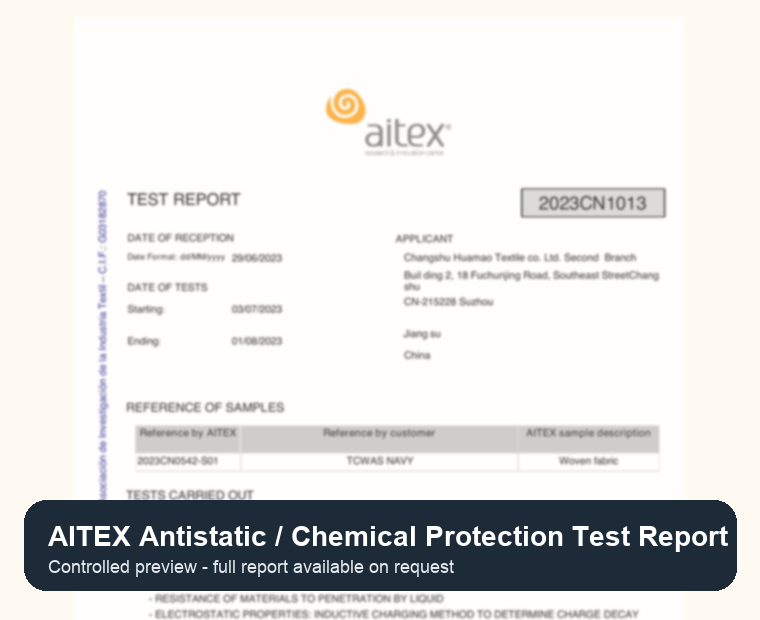 AITEX navy fabric test report preview