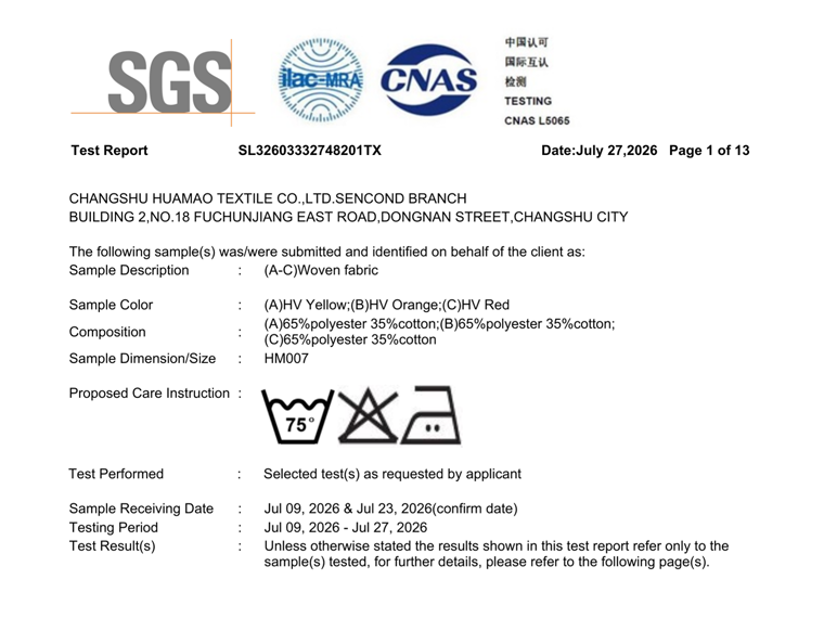 SGS 75 degree Celsius industrial washing fabric test report