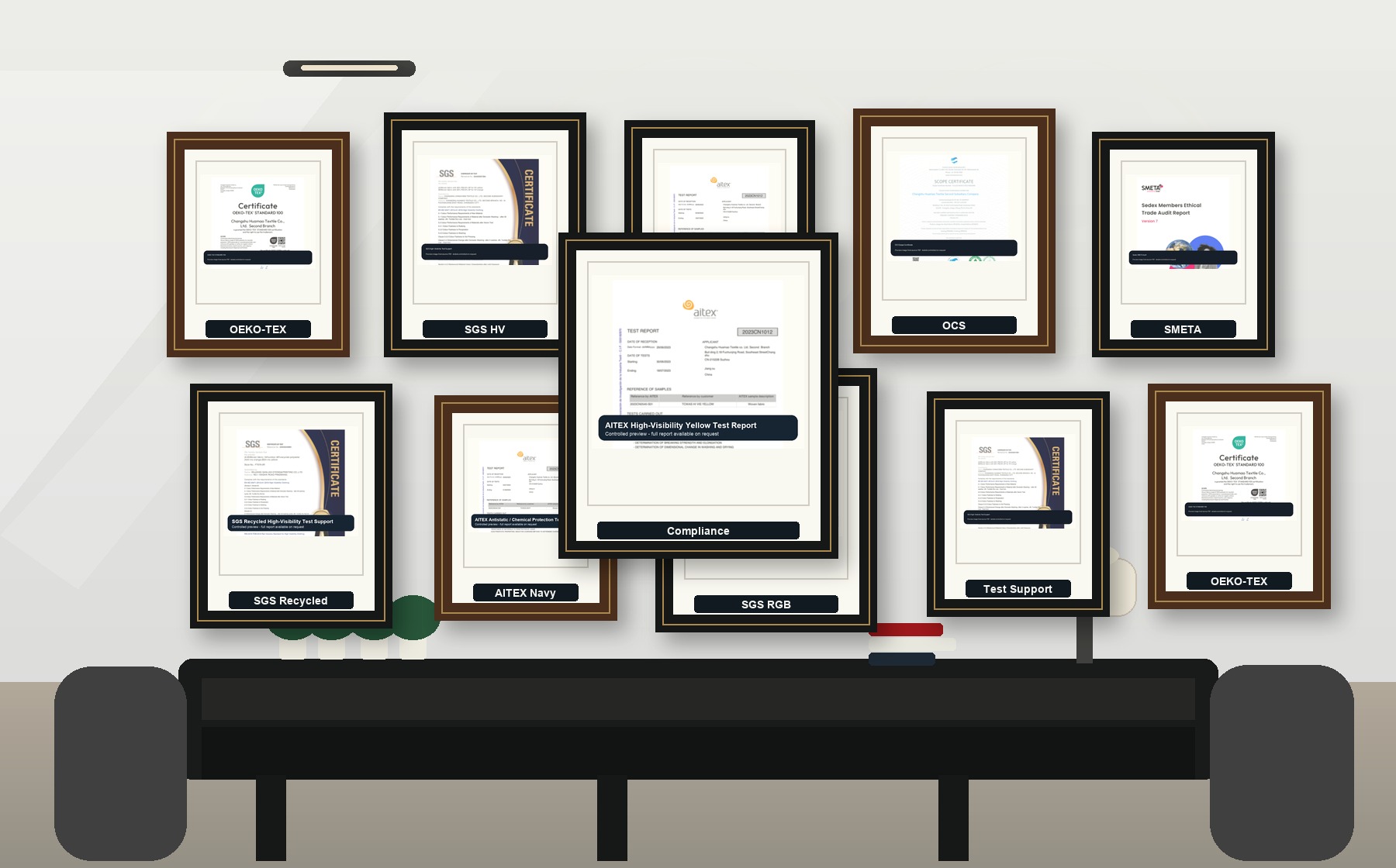 Certificate wall and document review support for high visibility fabric buyers