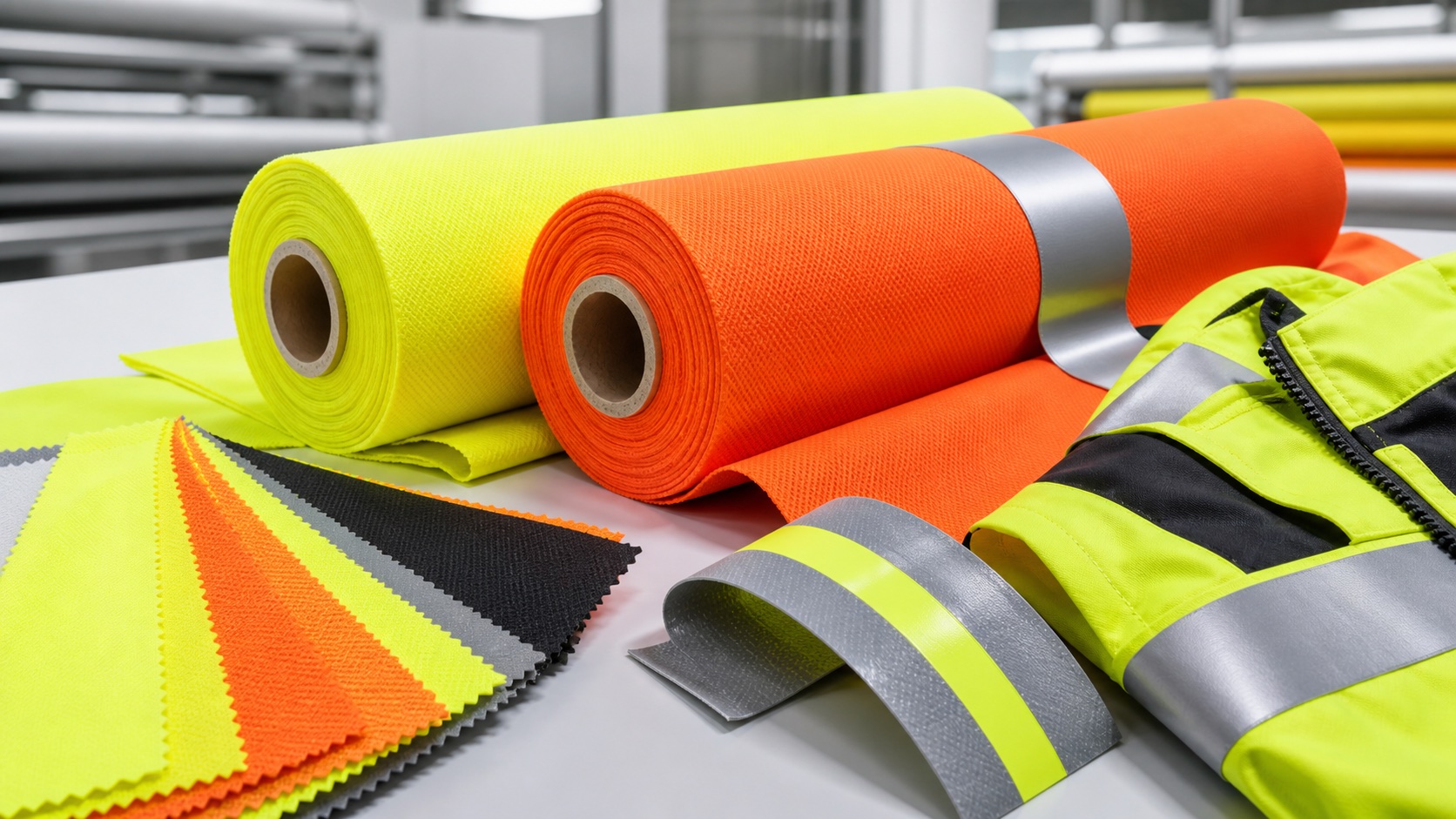 High-visibility yellow and orange fabric rolls, swatches and reflective materials prepared for sourcing review