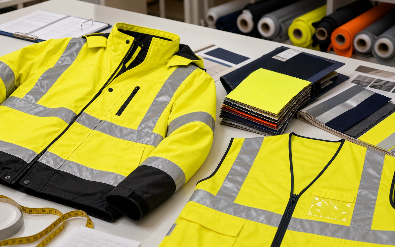 High visibility yellow sample garment and swatch review table