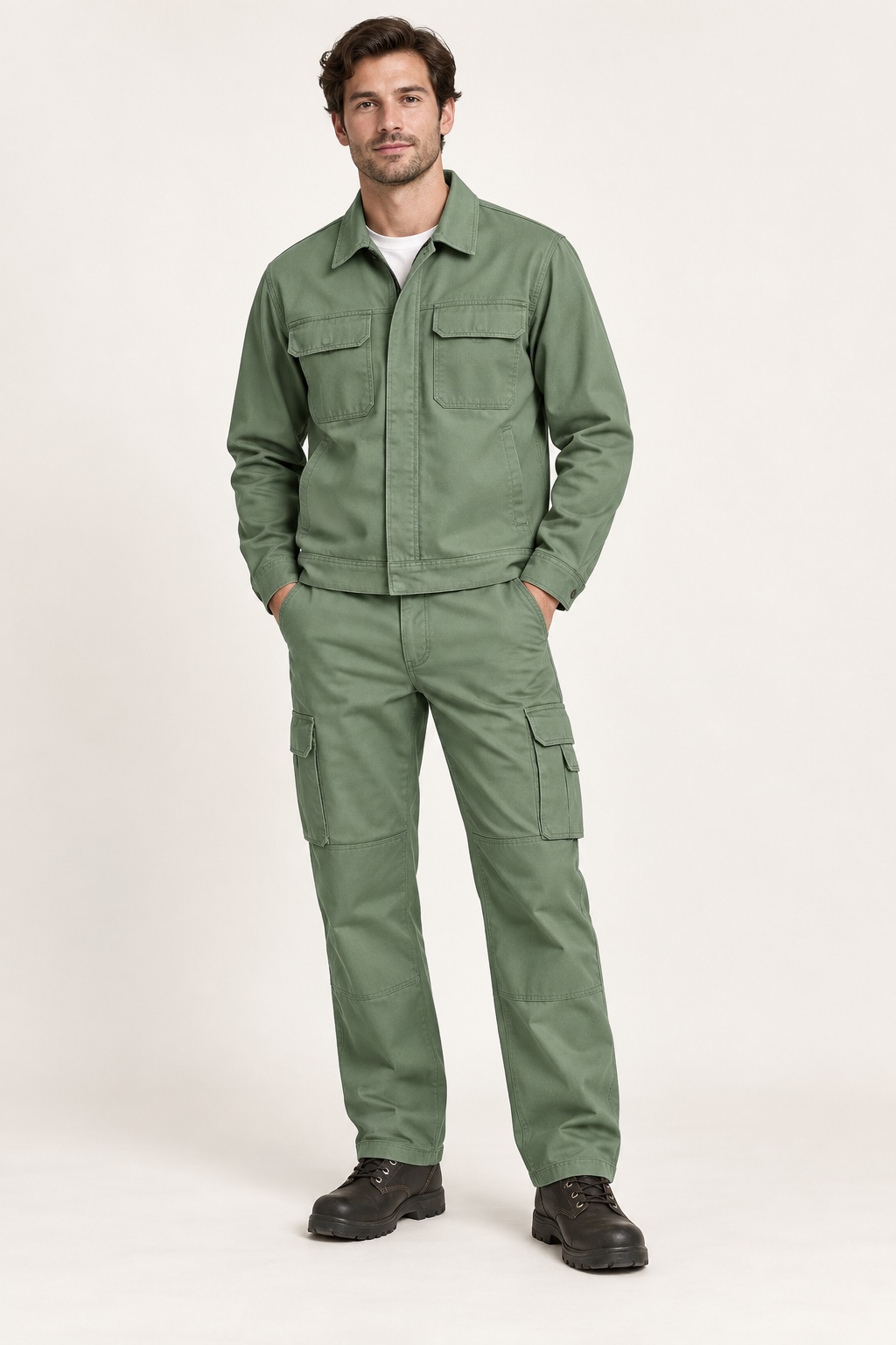 Green workwear styling reference for HM0144-1 fabric discussion