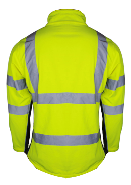 Back view of a fluorescent yellow stretch laminated workwear jacket for HM025 application discussion