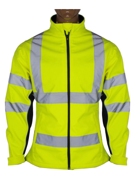 Front view of a fluorescent yellow stretch laminated workwear jacket for HM025 application discussion