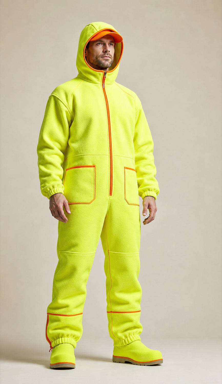 Adult workwear model wearing a high visibility yellow stretch coverall for HM038 application discussion