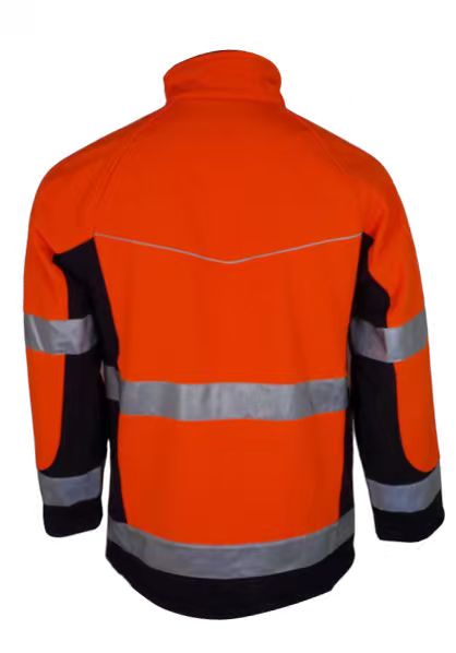 Back view of a high visibility orange softshell jacket for HM039 application discussion