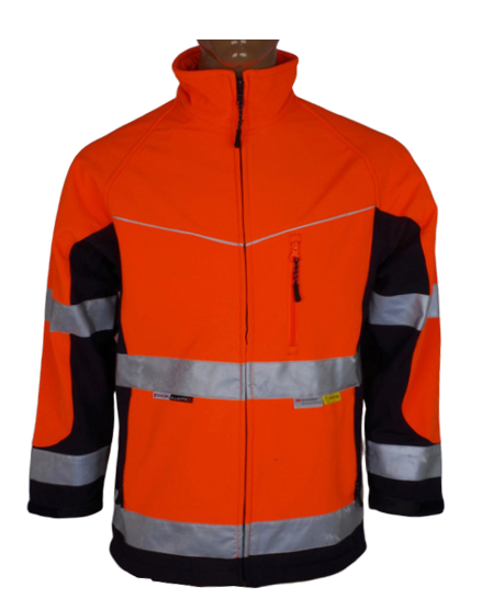 Front view of a high visibility orange softshell jacket for HM039 application discussion