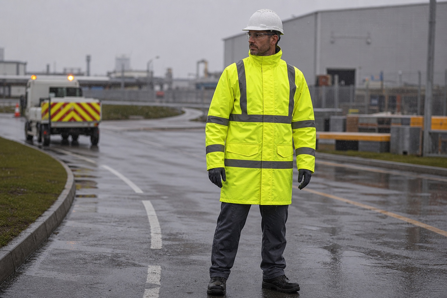 HM066 high visibility yellow Oxford parka industrial rainwear application visualization