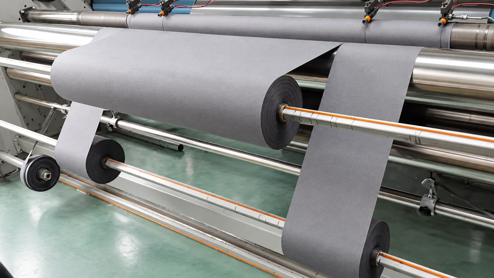Retouched photograph of grey fabric slitting production