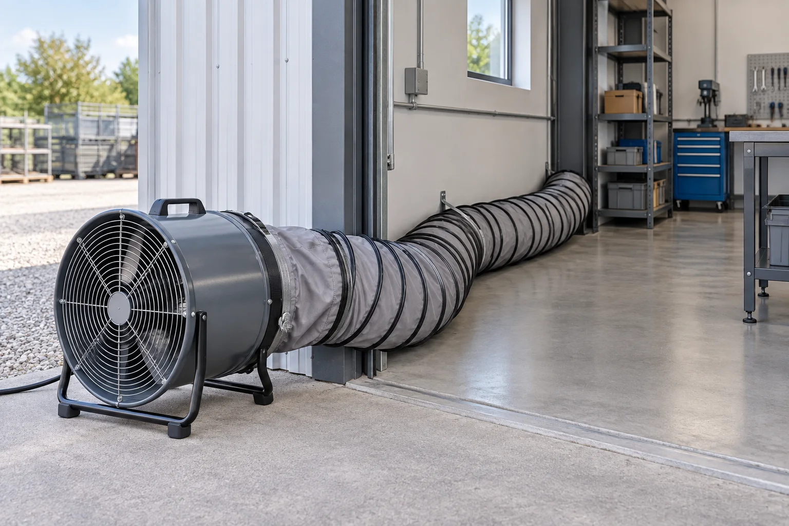 AI-generated illustration of a portable fan connected to a flexible duct at a workshop doorway